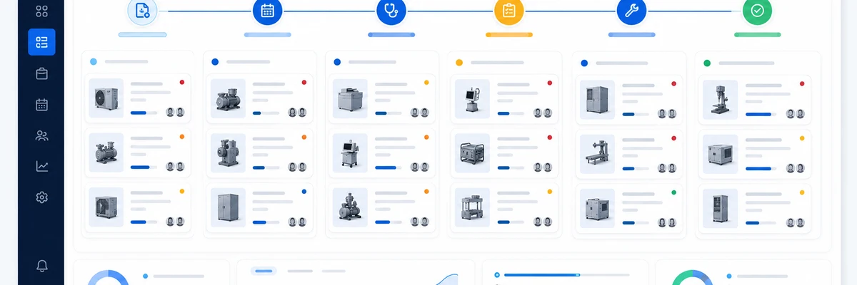 Painel visual do fluxo de ordens de assistência técnica