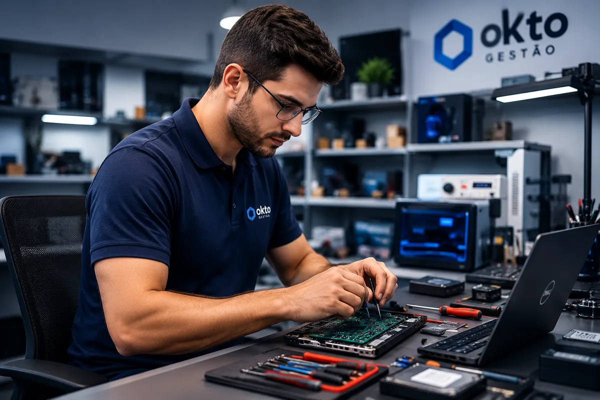Profissional realizando assistência técnica em equipamento