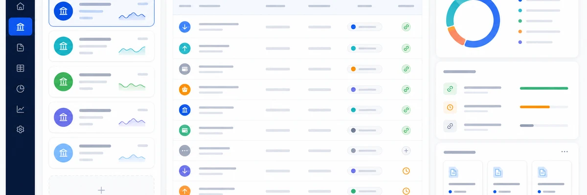 Painel visual de contas bancárias, lançamentos e conciliação