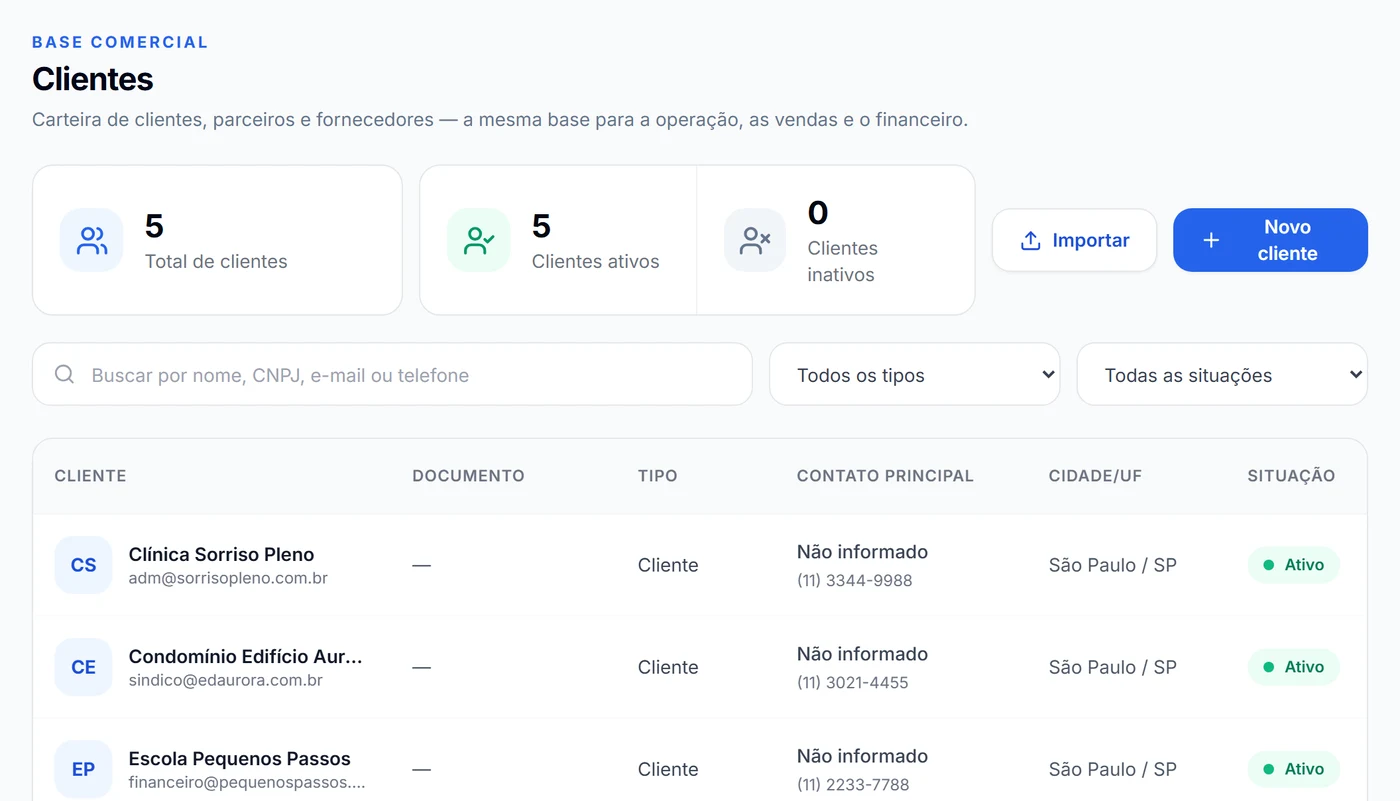 Tela de clientes do Okto Gestão