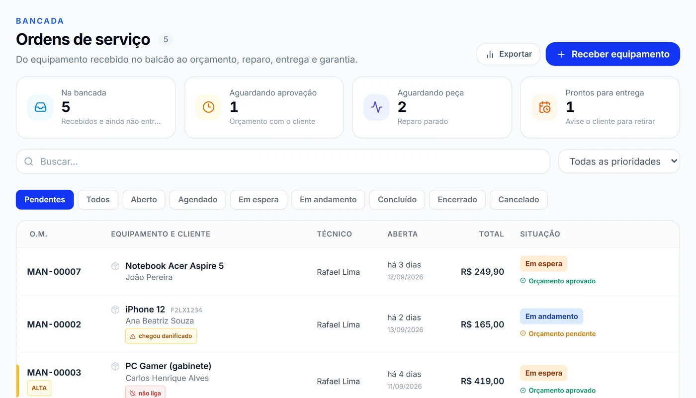 Tela de ordens de serviço do Okto Gestão